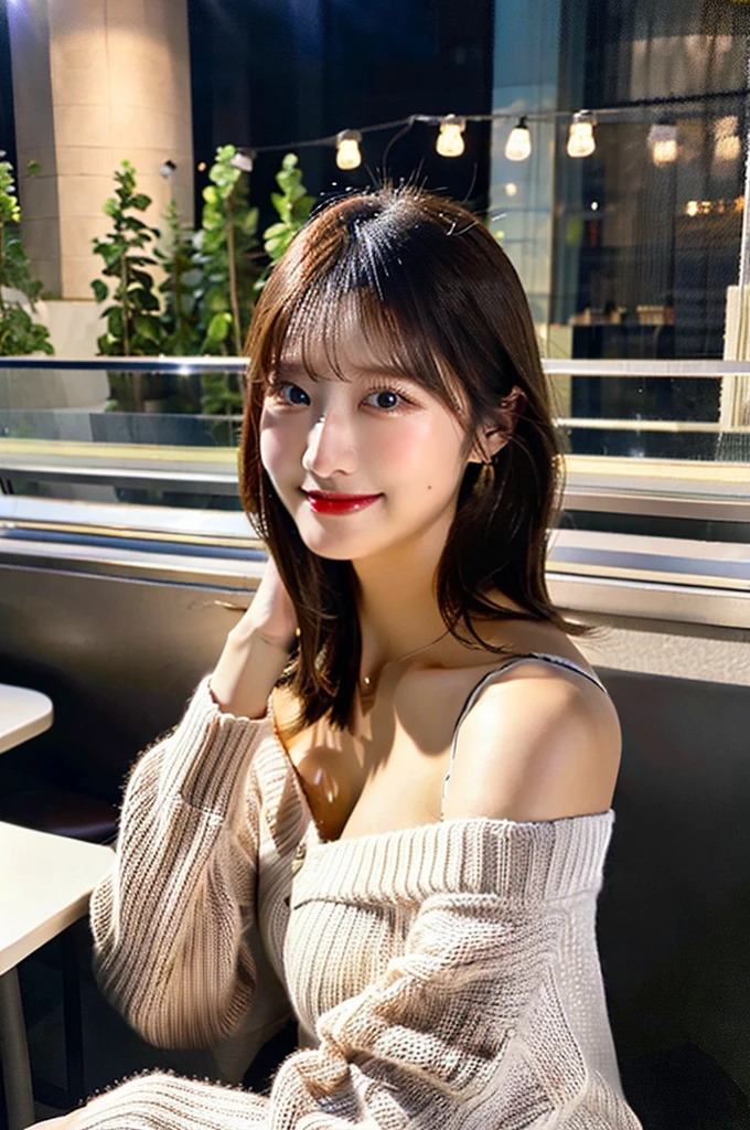 ((Highest quality, 8K, masterpiece: 1.3)),RAW Photos,Realistic atmosphere,Lens flare, Ray Tracing,(Detailed beautiful white skin:1.3),Beautiful Japanese, shiny light brown hair,Beautiful breasts,(Sexy facial mole),Pleasant smile,Stylish rooftop bar at night in a blurred city,sit cross-legged on a chair,Lightweight knit with no loose shoulder straps,Lightweight knit dress with off-the-shoulder sleeves,Beautiful nails,Cleavage,Wine and wine glasses on the table,A little drunk blush,