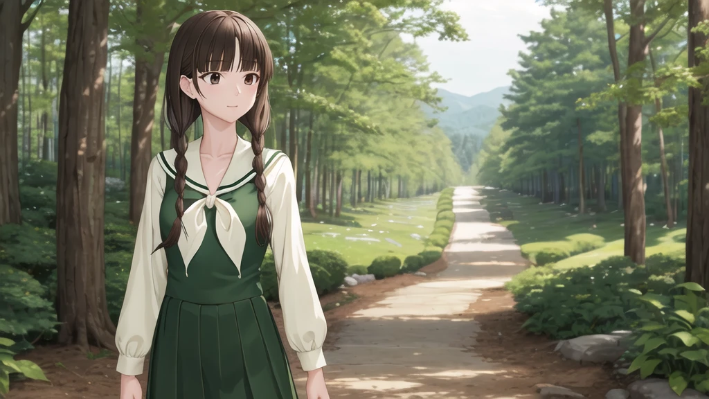 masterpiece, Highest quality, High resolution, aayoshino, , thin, Long Hair, Twin Blade, Brown eyes, Hair that falls over the shoulders, , Sailor collar, neckerchief, Green Shirt, One piece sailor shirt, Long sleeve, Green Skirt, Long skirt, Are standing, Cowboy Shot, Outdoor, Person on the right, Shining Face, Slender