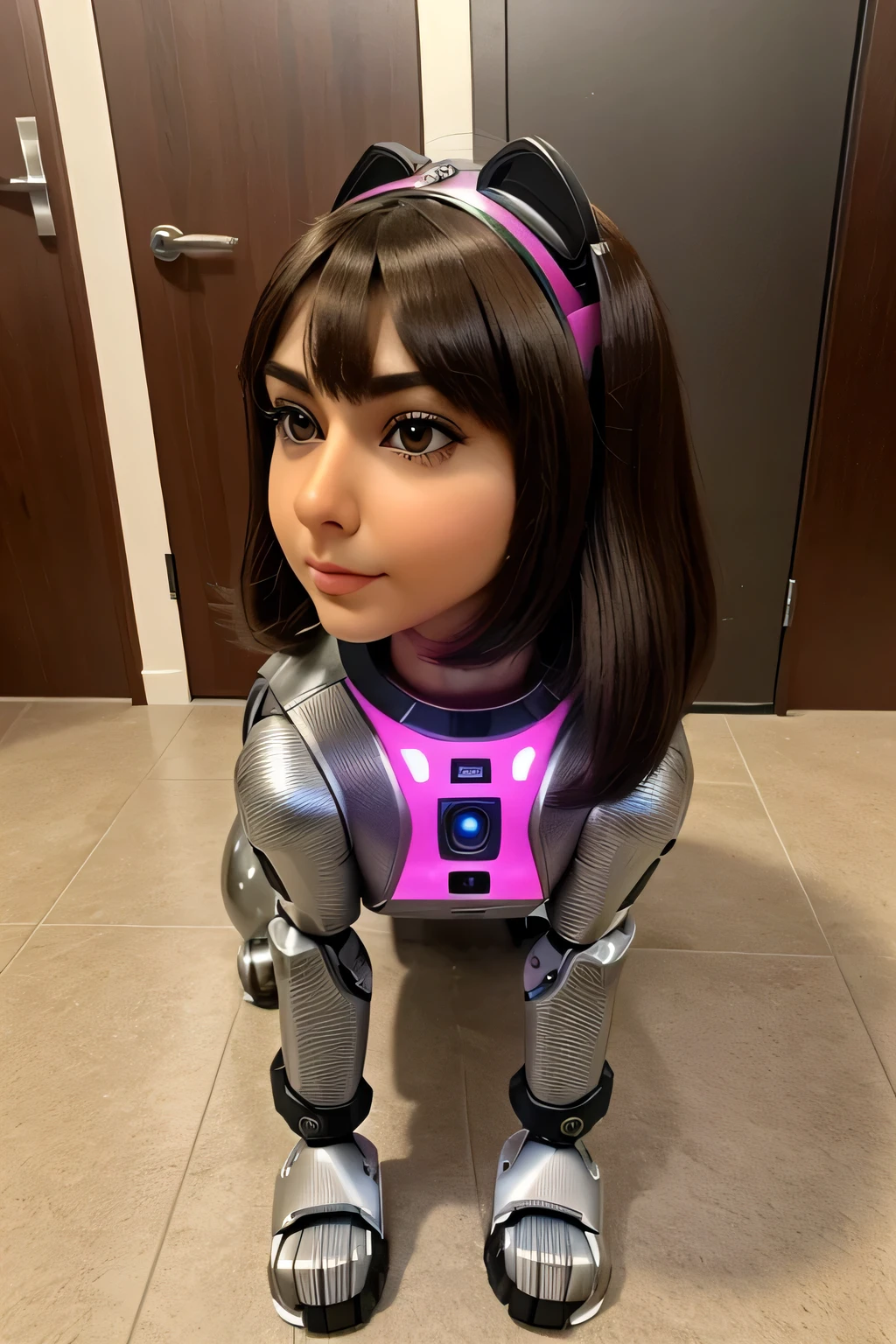 Hansika Motwani is a robot dog, she is an advance robot Dog. Robotic Dog body, All body parts made with robotic engineering. Only head is real woman head. Real Robot. Real Robot, Realistic Robot. Robot Dog. No extra hand, no extra finger, no extra leg. Robotic dog has 4 lags and tails, Advance Robotic Dog. Actual Dog, Exact Dog.