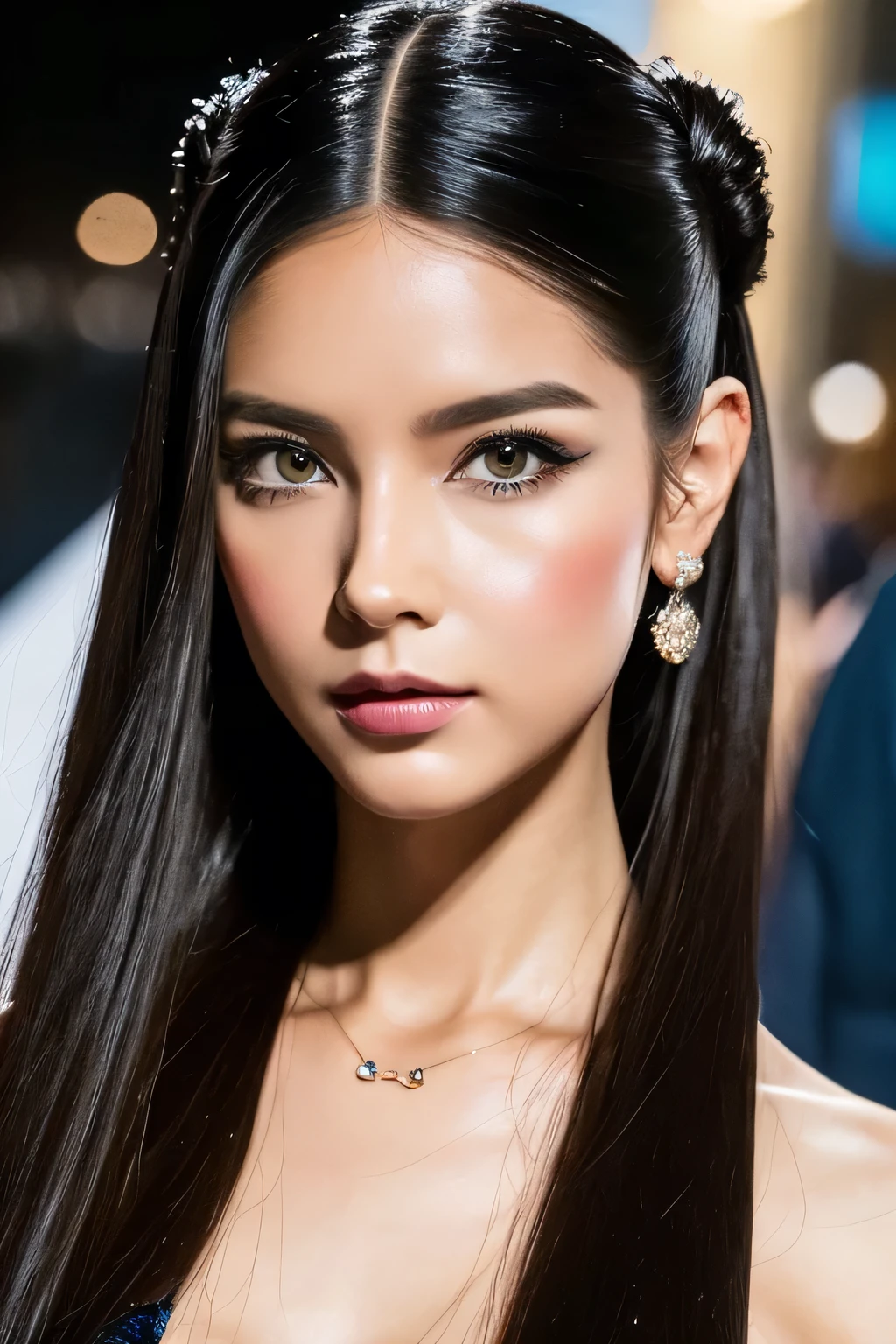 (super haute qualité、en 8K、、illustrations délicates)、C'est une femme jeune et très sexy(Japonais)、(Accentuation de la poitrine 1.1)、cheveux noirs très longs、Corps voluptueux(grand 1.2、sourire 、Habillé sexy de face