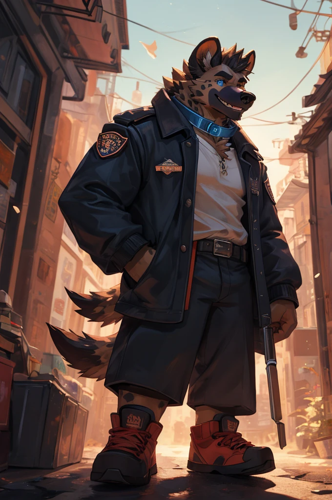 A hyena with a scruffy fringe and blue eyes, dressed in a yellow leather jacket with a blue collar, stands confidently. He has an average build and a big grin on his face, showcasing his warm and friendly personality. The lighting in the scene is warm and creates a cozy atmosphere. The background is filled with vibrant colors, adding liveliness to the image. The hyena wears red high-top Converse sneakers, which adds an element of fashion to his outfit. The image should be in high resolution, with 8k clarity and a semi-realistic style. The composition should capture a low-angle perspective, emphasizing the hyenas confident and charismatic presence. (team fortress 2 art style)