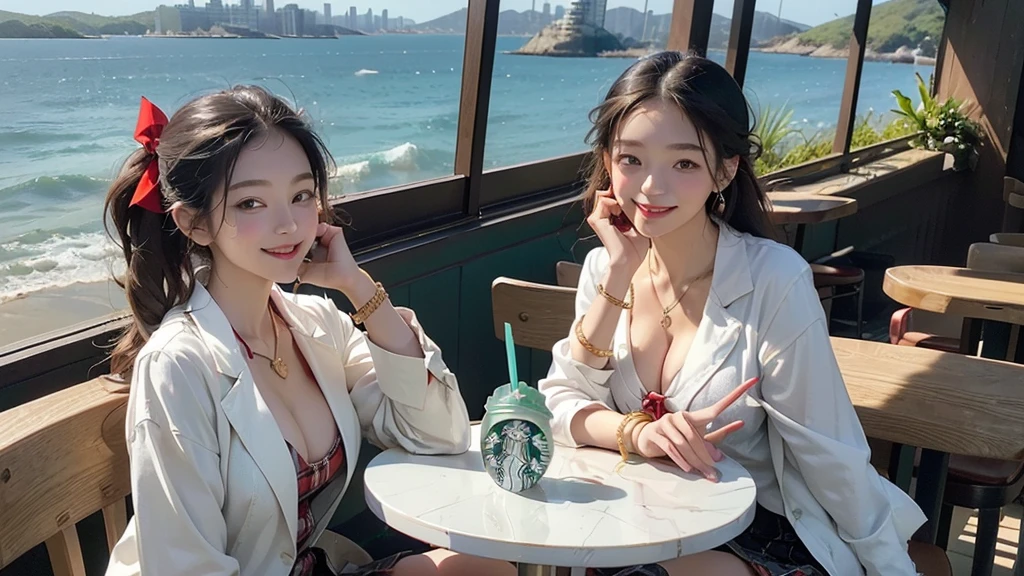 8K、RAW Photos、Highest quality、Super detailed、Super Resolution、Ultra HD、8K壁紙、Amazing details blazer uniform girl ((White blouse with formal collar, Red blazer, 
Black plaid skirt, Red checkered ribbon on blouse)), Complete limbs, Full Finger, 
(((((Starbucks)))))、(((((Cafe table with ocean view)))))(( female student))、( cake、Drink coffee、smile)))))、(((Heart Necklace、Gold bracelet)))
((((Emphasize cleavage))))
((((Full body photo、The whole body is visible、Full body portrait))))
