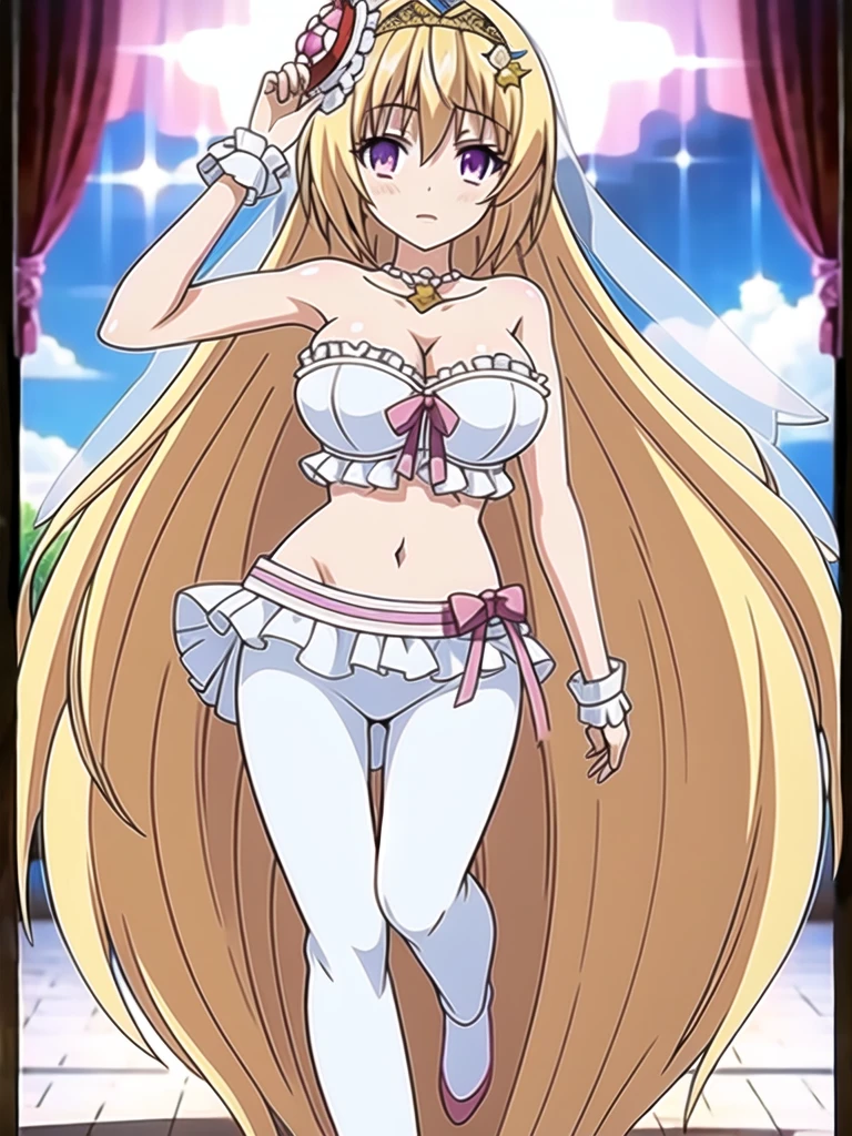 ((Best quality))),((Ultra-detailed)),((illustration)),((Disheveled hair)),((frilld)),(1 girl),(Solo),
1girl,arabian_clothes,bare_shoulders,breasts,bridal_gauntlets,full_body,jewelry,long_hair,mask,midriff,mouth_veil,navel,necklace,pants,solo,veil,rating:safe,arm_warmers,blue_footwear,card,card_(object),choker,cleavage,dress,female,hair_ornament,hand_up,holding,holding_card,holding_object,looking_at_viewer,makaria,small_breasts,standing,standing_on_one_leg,sun_hair_ornament,
blonde hair,purple eyes,