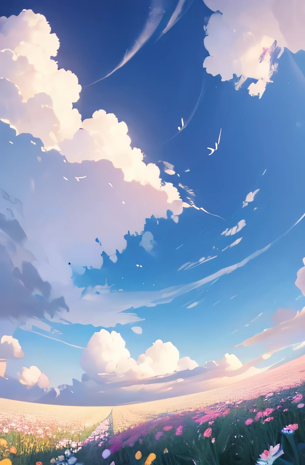 Please draw a flower field with clouds looking up from below..