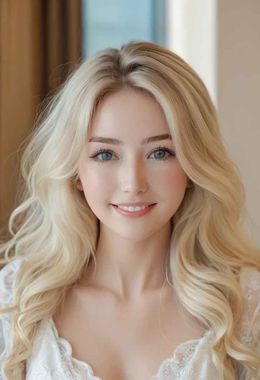 European Caucasian Woman、One person、Maria, 18 years old、1 person、Thin contours、Grey Eyes、Realistic bust size 90cm、Narrow waist、White and translucent skin、Natural light blonde medium long hair、8-head-tall model style、Long dress、Waist-down angle、smile、Hotel Rooms