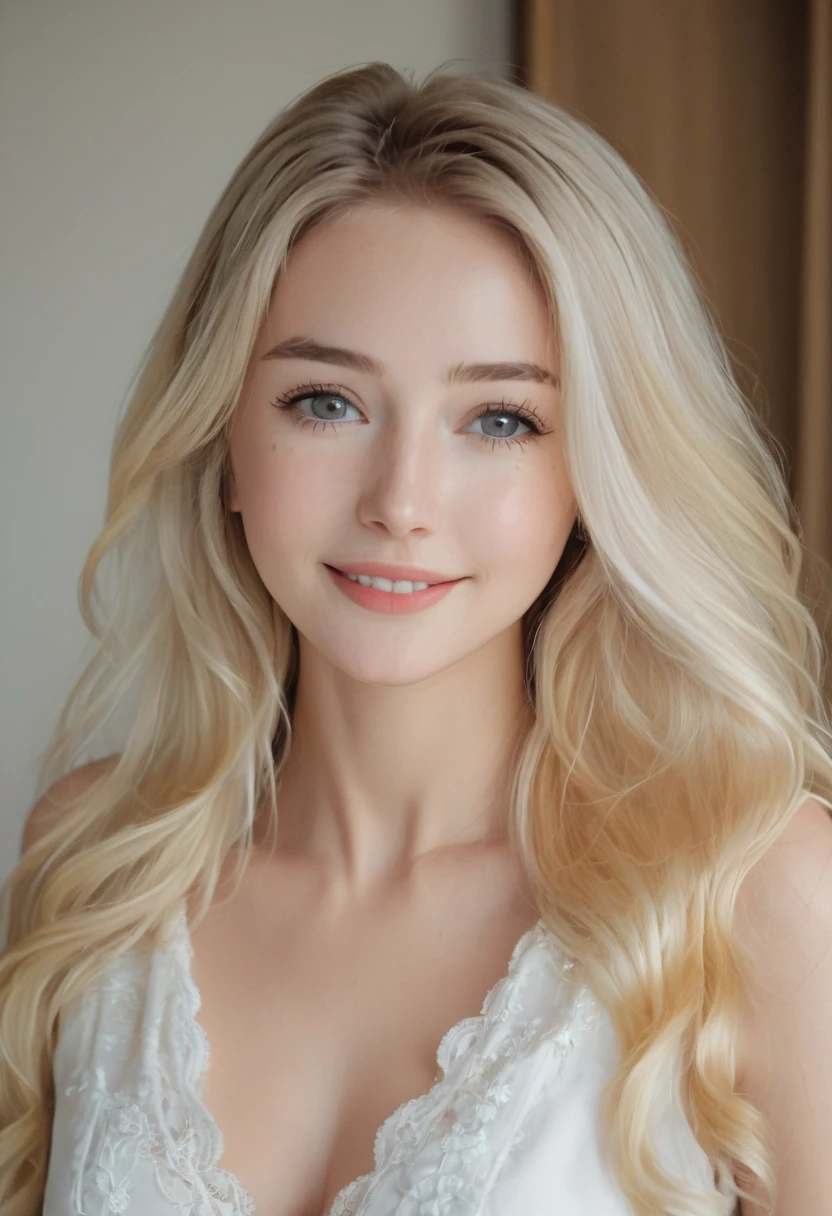 European Caucasian Woman、One person、Maria, 18 years old、1 person、Thin contours、Grey Eyes、Realistic bust size 90cm、Narrow waist、White and translucent skin、Natural light blonde medium long hair、8-head-tall model style、Long dress、Waist-down angle、smile、Hotel Rooms