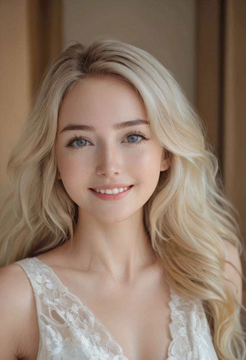 European Caucasian Woman、One person、Maria, 18 years old、1 person、Thin contours、Grey Eyes、Realistic bust size 90cm、Narrow waist、White and translucent skin、Natural light blonde medium long hair、8-head-tall model style、Long dress、Waist-down angle、smile、Hotel Rooms