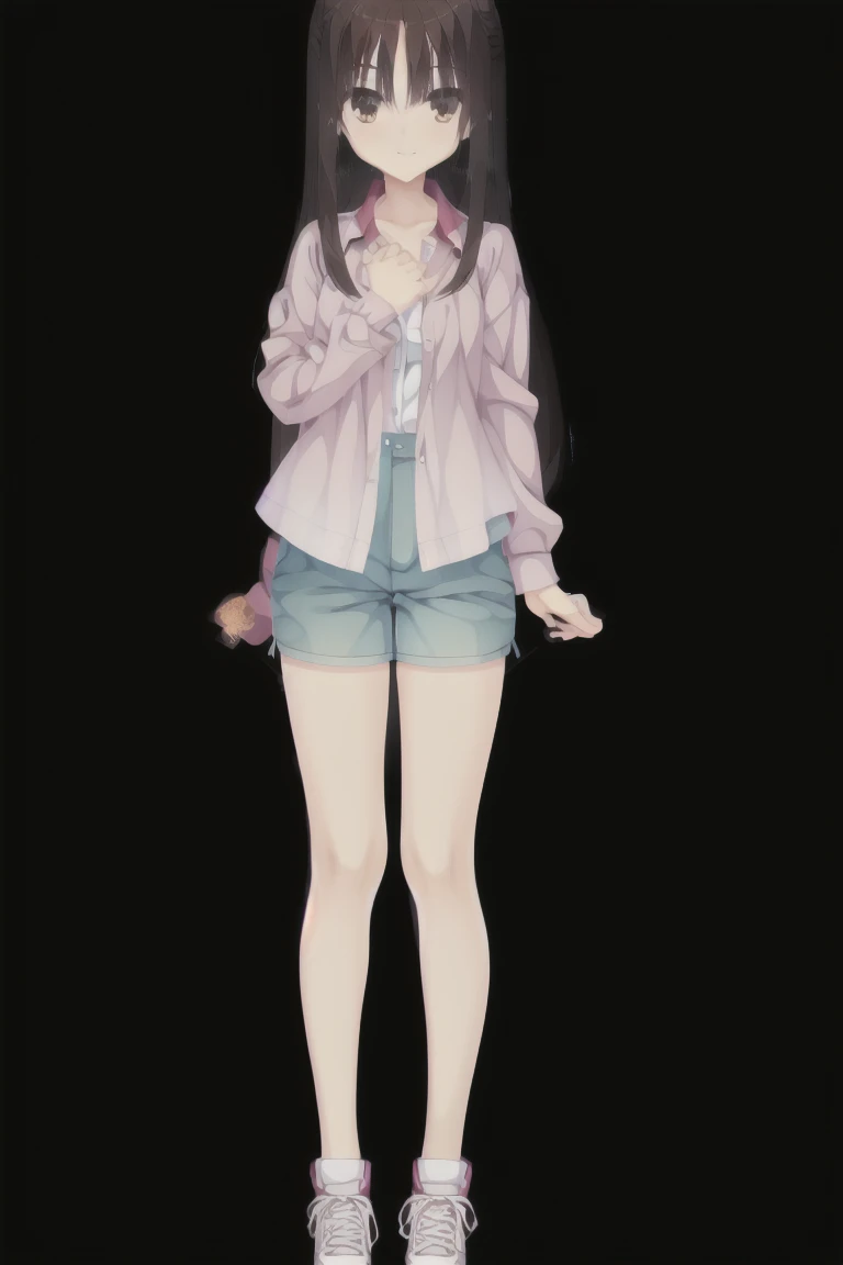 1girl,独奏,smiling, woman, brown hair, medium hair, White shirt, patterned shirt, gray shorts, sporty shorts, small breast, full body, Character portrait, whole body, expensive_solve, clear_image, expensive_Contrast, 8K, Sparkling, beautiful_detailed_face_and_eye, (Brown Hair:1.25), 白 eye,Black background,full body, Character portrait, whole body, expensive_solve, clear_image, expensive_Contrast, 8K, Sparkling, beautiful_detailed_face_and_eye, (Black Hair:1.25), 白 eye,Black background