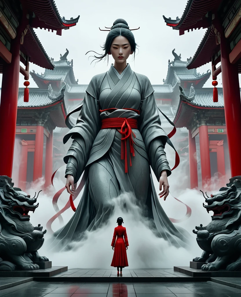 the woman stands in front of a giant statue, in the style of cinematic sets, fenghua zhong, alessio albi, red and gray, film/video, meticulous technique