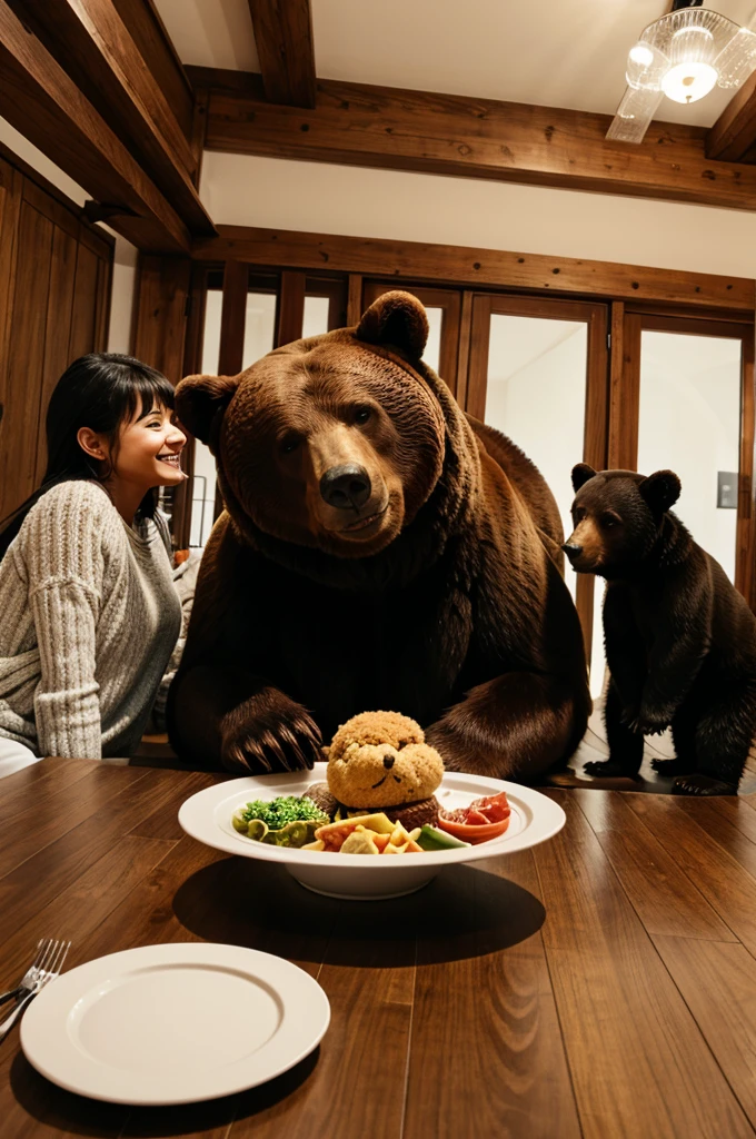 A bear with his happy family in his house.eating together play together