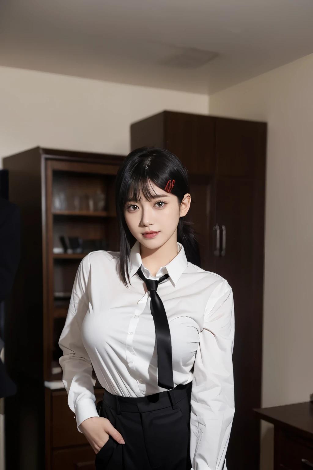Highest quality、Ultra-high resolution、Professional Lighting、Detailed Background、workroom、full body,Kobeni-chan、A sloppy smile、25-year-old woman、beautiful girl、(Kobeni-chan、Jet black hair, Black Hair, bangs, One-sided hair,)、(Red Hair Clip:1.1)、(White shirt:1.2)+(Black tie:1.2)+(black long pants for work:1.2)、(Huge breasts that look like they might burst:1.2)、(Big thighs:1.1)、Are standing、Model pose