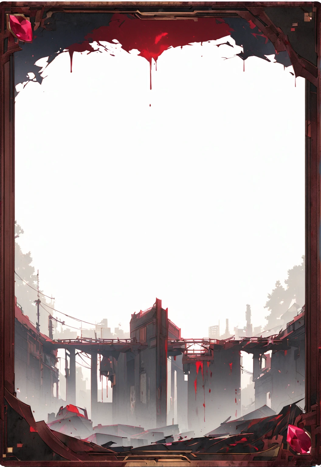 A card border UI，Modern urban minimalist style，Noble and elegant dark suspense style，Leave a square blank space in the middle，There is a ruby under the bezel，There are sapphires on the left and right corners.。Redwood frame，Parchment backing，There are blood stains on it。