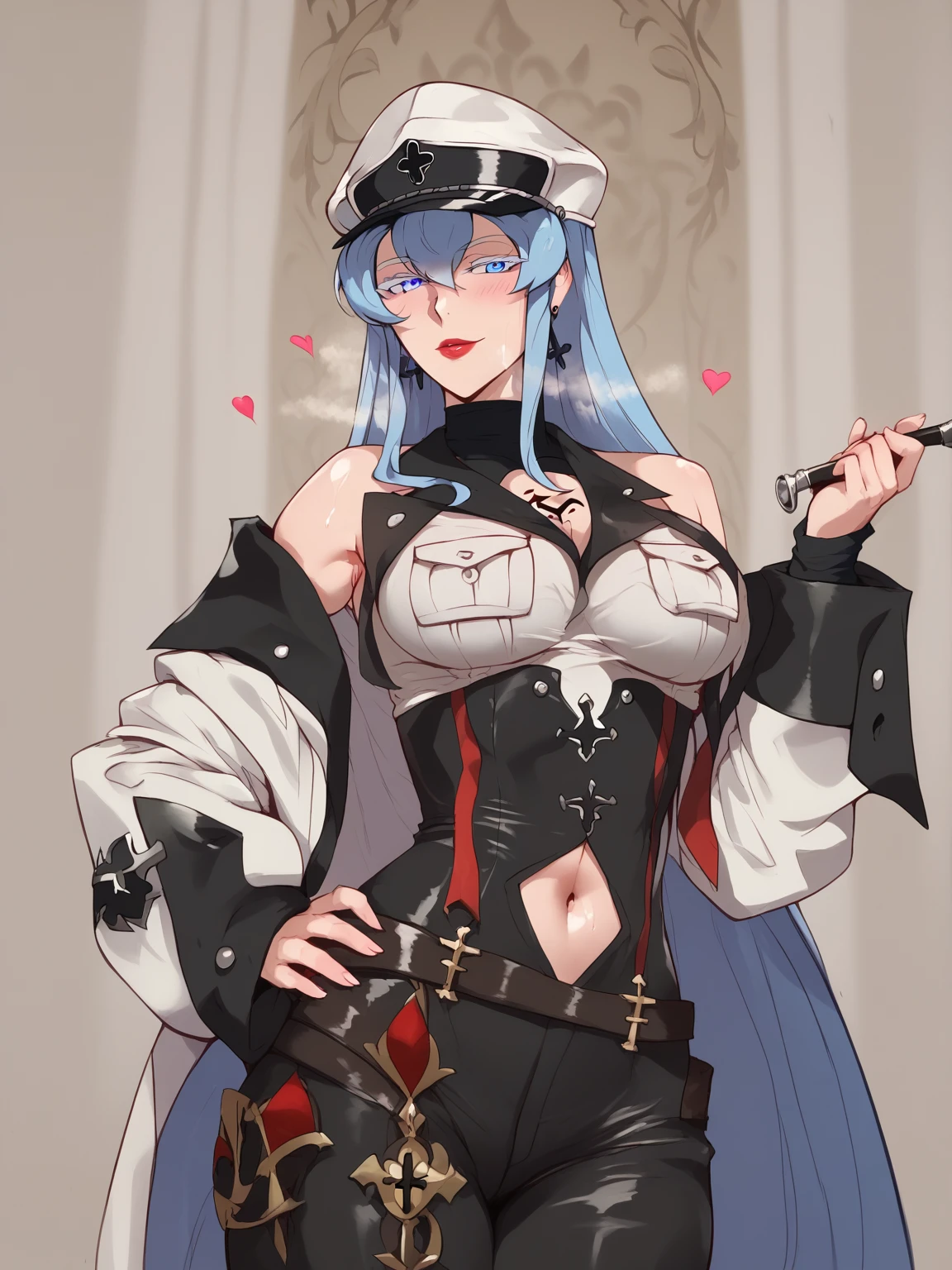 score_9, score_8_up, score_7_up, score_6_up, uncensored, esdeath, light-blue hair, long hair, multicolored eyelashes, hat, military hat, blue eyes, tattoo, naughty face, shiny skin, sweating, steaming body, heavy breathing, detailed body, detailed eyes, BREAK (masterpiece:1.2), best quality, high resolution, unity 8k wallpaper, (illustration:0.8), (beautiful detailed eyes:1.3), extremely detailed face, perfect lighting, extremely detailed CG, (perfect hands, perfect anatomy), hearts, pleasured, Expressiveh, 1girl, rating:safe, solo, jewelry, earrings, covered navel, red lips, breasts, looking_at_viewer, navel_cutout, holding pipe, hand on hip, 