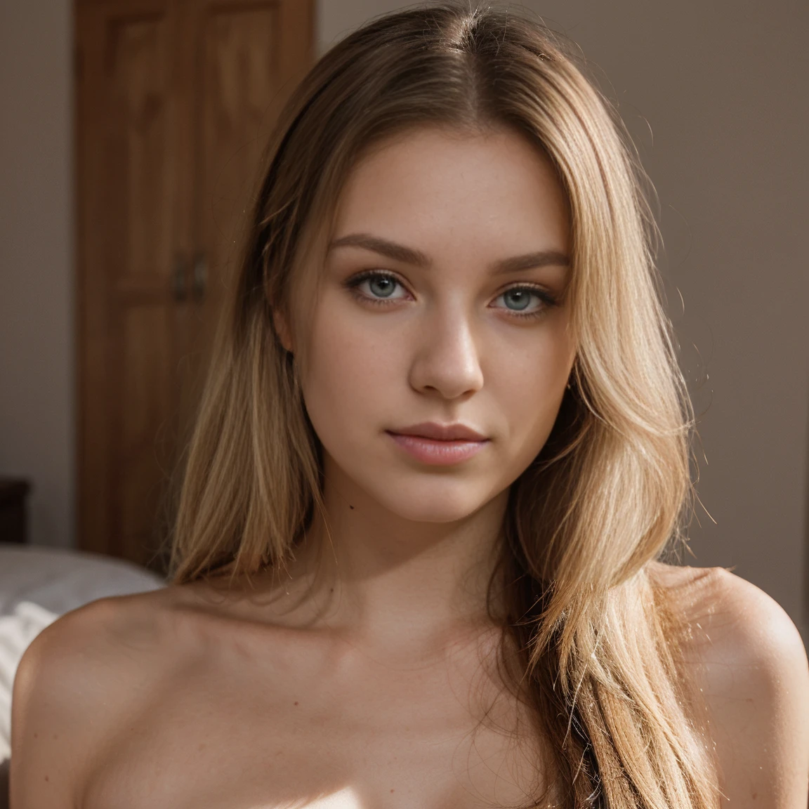 A full-length portrait of a 25-year-old woman, raw and captivating, with long blonde hair cascading down to her shoulders, framing a face with gray eyes and no makeup. The image was taken against a soft, blurred background, highlighting the irregular features of her face, and painted in natural light. Every detail is ultra-realistic, from the pores to the creases around the eyes, and the dramatic lighting adds depth and dimension to the photograph. The result is a mesmerizing and authentic portrait of beauty, stripped bare and untouched.

