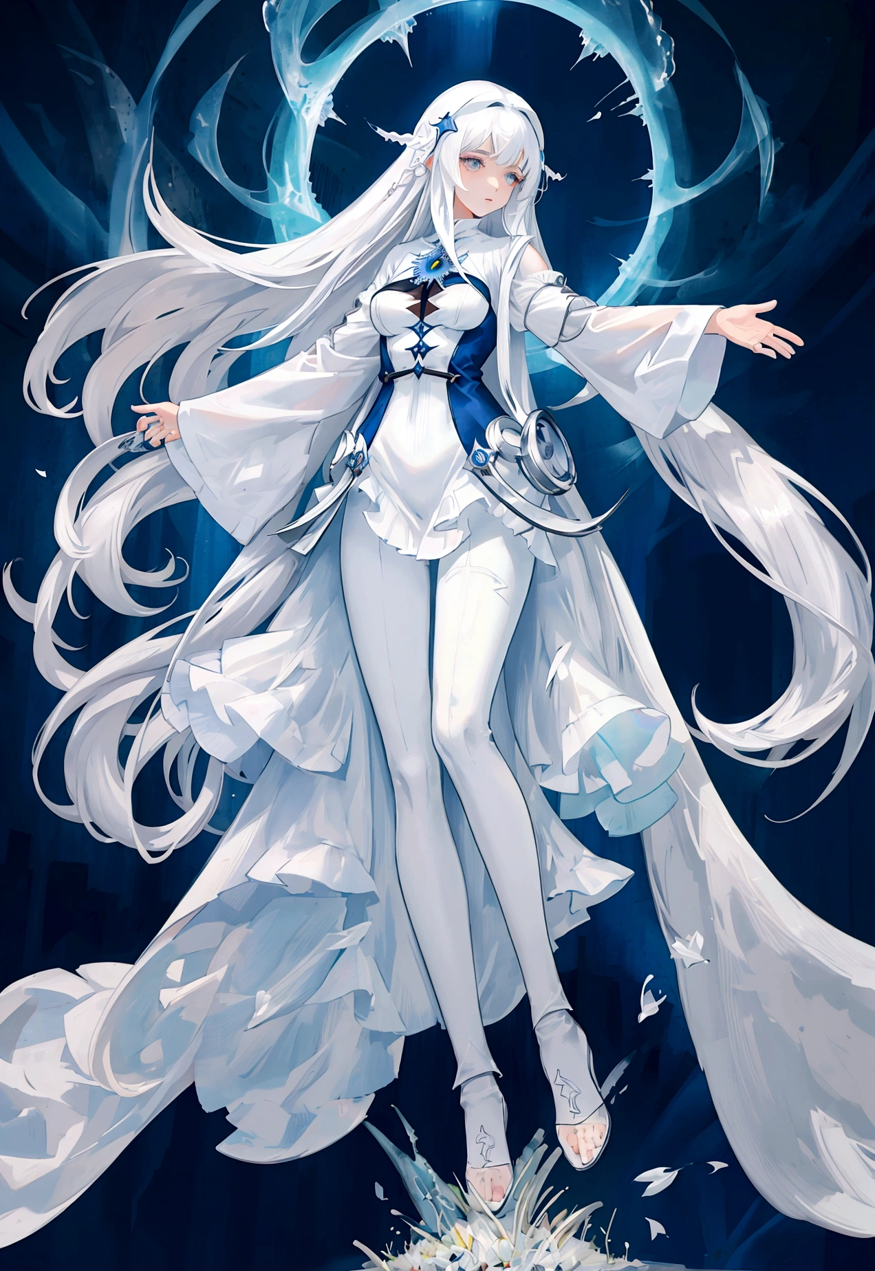 Character (adult woman) (white long hair) (white seer-style clothing) (character in dynamic pose) (full body) (smooth color blend) (in the middle of meadow)