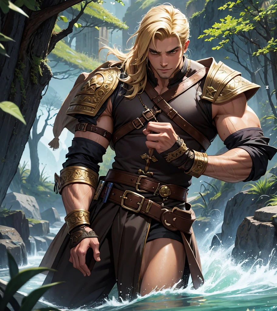 (((Single character image.))) (((1boy))) (((Luxurious hair and sexy smirk.))) (((18 years old.))) (((18yo.))) (((Dressed in medieval fantasy attire with pirate themes.))) (((Looks like a younger version of Lazar Angelov.))) Cute guy. Hot guy.  (((Looks like Adonis.))) (((Dressed in medieval fantasy attire.))) (((Intense, sexy stare.))) (((Beautiful shoulder length blond hair.))) Gorgeous male character with a body that women lust for.  (((Lusty smirk.))) Looks like a fun-loving and heroic male adventurer for Dungeons & Dragons. Looks like a very attractive male adventurer for a high fantasy setting. Looks like a hot boyfriend. Looks like a handsome and rugged male adventurer for Dungeons & Dragons. Looks like a handsome male for a medieval fantasy setting. Looks like a Dungeons & Dragons adventurer, very cool and masculine hair style, black clothing, handsome, charming smile, adventurer, athletic build, excellent physique, confident, gorgeous face, gorgeous body,  detailed and intricate, fantasy setting,fantasy art, dungeons & dragons, fantasy adventurer, fantasy NPC, attractive male in his mid 20's, ultra detailed, epic masterpiece, ultra detailed, intricate details, digital art, unreal engine, 8k, ultra HD, centered image award winning, fantasy art concept, digital art, centered image, flirting with viewer, best quality:1.0,hyperealistic:1.0,photorealistic:1.0,madly detailed CG unity 8k wallpaper:1.0,masterpiece:1.3,madly detailed photo:1.2, hyper-realistic lifelike texture:1.4, picture-perfect:1.0,8k, HQ,best quality:1.0,