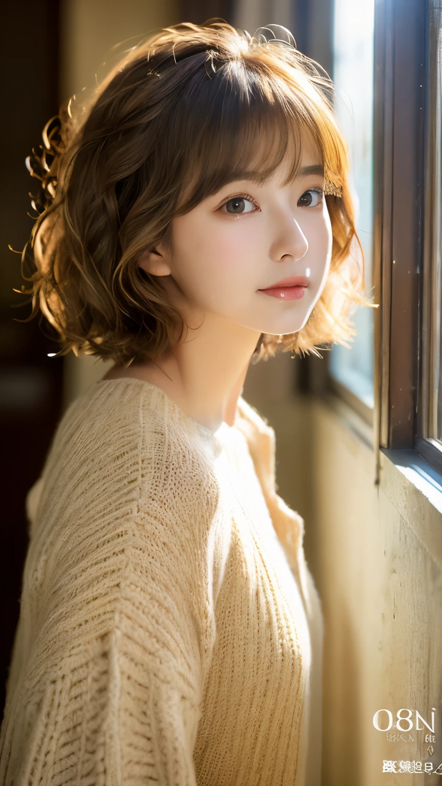 (8K, Highest quality, masterpiece: 1.4), Very detailedな, Highest quality, Ultra-high resolution, Written boundary depth,(Realistic:1.4,RAW shooting,)Ultra-Realistic Capture,(Very detailed,High definition 16K), cute, girl, Brown Hair (wood々Sunlight shining through:1.4), Japanese, 16-year-old girl, Mr..々Pause, Wavy Hair, (face,front), (indoor:1.4), Sunlight streaming through the window, Face Up Shot, short hair