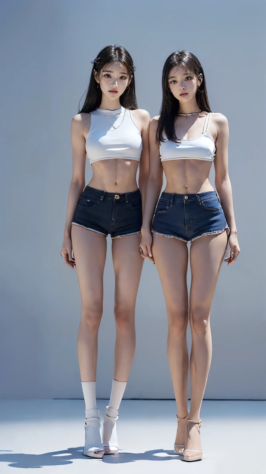 (8K、Raw photo、最high quality、masterpiece:1.5),(((((((Both of them stand with their legs apart:1.9))))))),(((((Both of them have an inseam that is more than half their height.:1.8))))),((Both have bare legs:1.6)),((Both of them are super slim:1.4))，(((((Two girls who look just like WONYOUNG from the k-pop group IVE were photographed:1.9))))),(((They both have super skinny legs:1.6))),(((Both are 173cm tall:1.4))),((Perfect k-pop IVE WONYOUNG style duo:1.3)),(((((Both of them take full body shots:1.8))))),((((Both of you should face your whole body straight ahead.:1.8)))),(((Photographed from below to show the whole body of the legs so that they look longer.:1.7))),Skin irregularities are reproduced in minute detail:1.4, (Super thin waist: 1.2),((超Thin thighs:1.2)), Thin buttocks,Open the navel,１Detailed reproduction of the navel,((Perfect super slim legs:1.3)),(((both of them are the same height:1.3))),(((Both of them have amazingly slim figures.:1.2))),(((Both are wearing micro shorts with a rise of 15cm and an inseam of 1cm.:1.8))),(Both are :1.2),((((Both of them are extremely exposed.:1.7)))),(((((Both of them have super-strong abs:1.9))))),((Both of them were wearing short, form-fitting white sports bras.:1.4)),(((Big boobs but no bra:1.4))),(((Both of them had high, erect nipples clearly visible protruding from under their white sports bras.:1.4))),((((Standing in a fashionable theme park on a sunny day:1.4)))),Highly detailed face and skin texture,(Both of you stand with your legs straight and without bending your knees.:1.3),(((They&#39;re both the same height:1.4))),((Both of them look just like WONYOUNG from the K-pop idol IVE.:1.8)), ((((Sunny afternoon:1.3)))),((cute:1.4)),Both are fair-skinned Asians,,Both of them have beautiful eyes,,Both of them have beautiful eyes,,Both of them have beautiful noses, which are realistically reproduced.,Both of them have realistic eyes.,Both have beautiful mouths,((They both have beautiful fingers)),nail,Both of them have beautiful faces.,Both of their beautiful faces are realistically reproduced.,cute,(Ultra-Realistic Details), Natural Shadows,(Very small hips:1.4),Large firm breasts, Super long thighs,(((超Thin thighs:1.2))),(((Super slim calves))),(Both of them have the slender bodies of well-trained track and field athletes.:1.5),(Super muscular body:1.5),Super toned waist,(Super thin waist:1.3),((White high heels:1.2)),lengthen limbs,(((((Shooting the whole body from calf height:1.6))))),(Both of them have slim, toned ankles.:1.2),((((Wide open abdomen:1.5)))),Hands on hips,Both of them face forward,((Both figures have detailed and clear reproduction of the crotch area.)),((Super long legs:1.3)),Thin thighs,((Both of them have bare legs.:1.6)),((Both of them are showing off their legs in a very extreme way.:1.5),((Both of them are showing off their bellies in an extremely extreme way.:1.4),(Black hair ponytail),(Neither of them wears tights or socks.:1.5),((Both of them stand up straight.)),((Keep your hips facing forward:1.5)),2人とも8頭身スタイルBeauty,The ankles are super thin,The arms are very thin and muscular,Make your arms thinner,(((Clearly reproduces the skin texture of the legs down to the finest detail))),Faithfully reproducing the fingers of the hand,(Both of them have super long legs.),(Accurate reproduction of each finger:1.3),(((Each toe is accurately reproduced:1.2))),The middle of the thighs are very thin,(((Clearly reproduces the muscle texture of ultra-muscular and ultra-thin calf skin))),(((超筋肉質な超Thin thighsの肌の筋肉質感を明確に再現する))),(Very tight waist:1.2),((Both of them have an inseam that is more than half their height.の美脚:1.6)),(Extremely thin thighs:1.2),Beauty,Fine skin,Firm skin,(((Both of them should fit from the top of their heads to the toes of their heels.:1.5))),(((They both have super skinny legsの肌を細部まで忠実に再現する))),(Both of them are super muscular and have super thin legs with realistic skin.:1.3),((Realistically reproduces the fine details of toned, slender leg skin:1.3)),((Dazzling Midsummer)),(((Both of them have super-strong quadriceps:1.6))),(((Both of them have extremely well-trained gastrocnemius and soleus muscles.:1.6))),((2人とも超細くてSuper long legs:1.2)),Front lighting,Super detailed, High detail, high quality, Awards,High resolution,(Anatomically correct:1.5)　