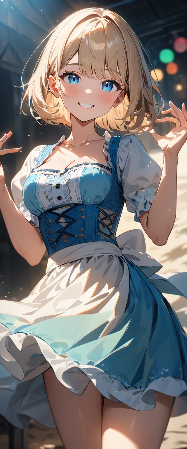 (((One girl))), ((beach)), noon, blond hair, bob cut, breasts, from front, (cowboy shot), standard body, (looking at viewer), ((dirndl)), teenager, head tilt:1.3, (((blue eye))), ((happy smile)), anime style, (best quality, 4k, 8k, highres, masterpiece:1.2, ultra-detailed, ultra-detailed eyes, HDR, UHD, studio lighting, ultra-fine painting, sharp focus, physically-based rendering, extreme detail description, professional, vivid colors, bokeh), ((Highest quality, Best image quality, Ultra-high resolution, Ultra-high resolution, solo, Strong eye highlights)), Depth of written boundary, Natural soft light, attractive, Beautiful Face, Cleanliness, Pure Face, nedium chest, Beautiful Face, Perfect Fingers, Perfect hands, Perfect body, Perfect Face, Shine a light into your eyes, Perfect Anatomy