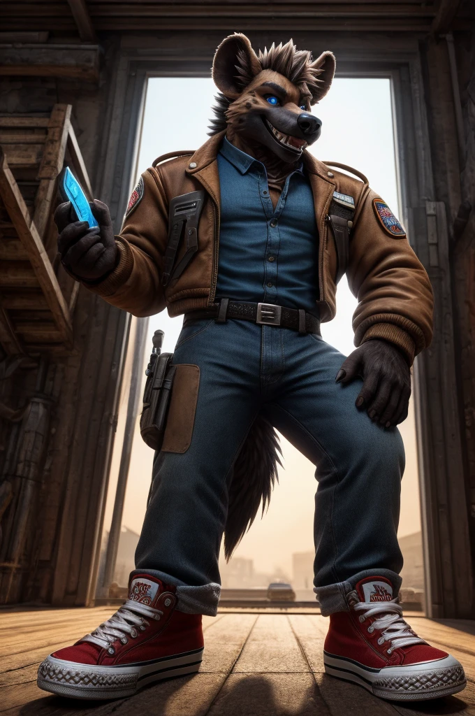 A hyena with a scruffy fringe and blue eyes, dressed in a yellow leather jacket with a blue collar, stands confidently. He has an average build and a big grin on his face, showcasing his warm and friendly personality. The lighting in the scene is warm and creates a cozy atmosphere. The background is filled with vibrant colors, adding liveliness to the image. The hyena wears red high-top Converse sneakers, which adds an element of fashion to his outfit. The image should be in high resolution, with 8k clarity and a semi-realistic style. The composition should capture a low-angle perspective, emphasizing the hyenas confident and charismatic presence. (team fortress 2 art style)