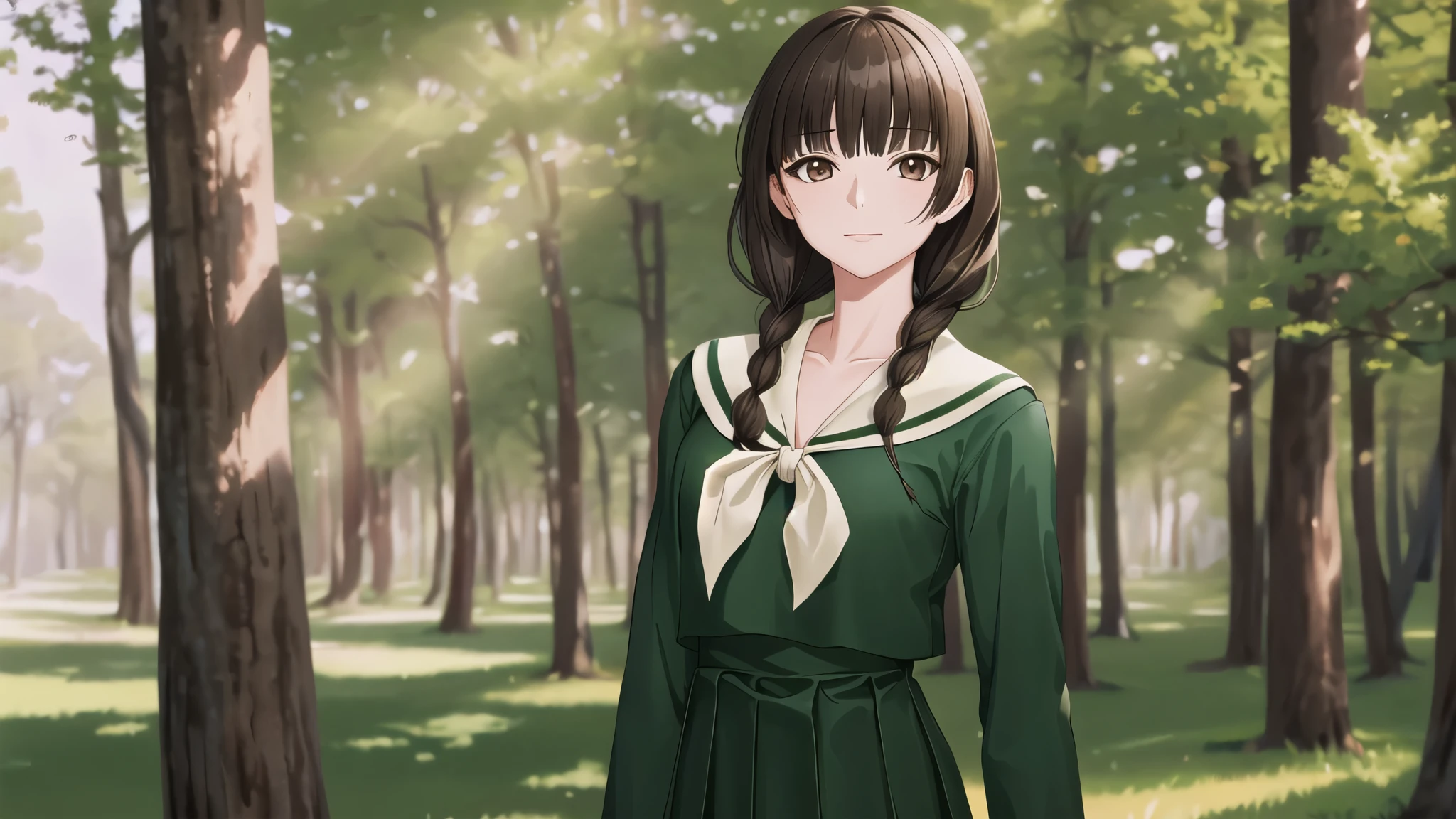 masterpiece, Highest quality, High resolution, aayoshino, , thin, Long Hair, Twin Blade, Brown eyes, Hair that falls over the shoulders, , Sailor collar, neckerchief, Green Shirt, One piece sailor shirt, Long sleeve, Green Skirt, Long skirt, Are standing, Cowboy Shot, Outdoor, Person on the right, Shining Face, Slender