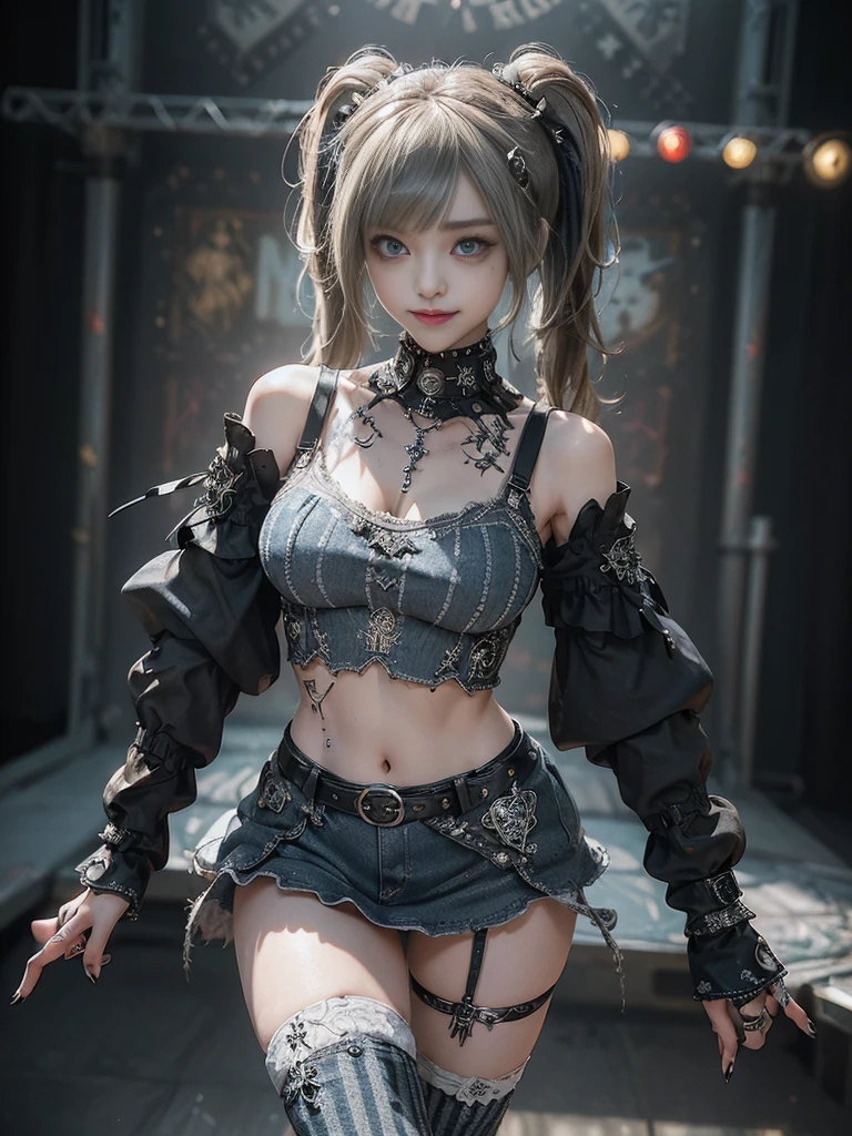 (Smiling with teeth showing:1.3),(Hollywood actress:1.5)、(Gothic Lolita style fashion:1.5)、(Punk RockVisual Kei:1.5)、(Wearing a sweater with intricate decoration:1.4)、(A mini skirt with delicate white, denim and charcoal embellishments.:1.5)、(Denim and light blue and white boots:1.3)、((belt))、(Numerous intricate patterns all over the costume:1.4)、(collar:1.3)、(Striped underwear:1.5)、20-year-old、NSFW、((Highest quality、In 8K、masterpiece:1.3))、Sharp focus:1.2、(Layered Cut、Huge boobs:1.1),Beautiful woman with perfect figure:1.4、(Dancing vigorously:1.3)、Slender Abs:1.2、Highly detailed face and skin texture、Detailed eyes、double eyelid,(Twin tails:1.3)、(Brown-golden hair:1.3)、Gravure idol、(The background is the stage of the fashion show:1.3)、(Slim body:1.3),(Make your legs thinner:1.4),（clavicle:1.1）