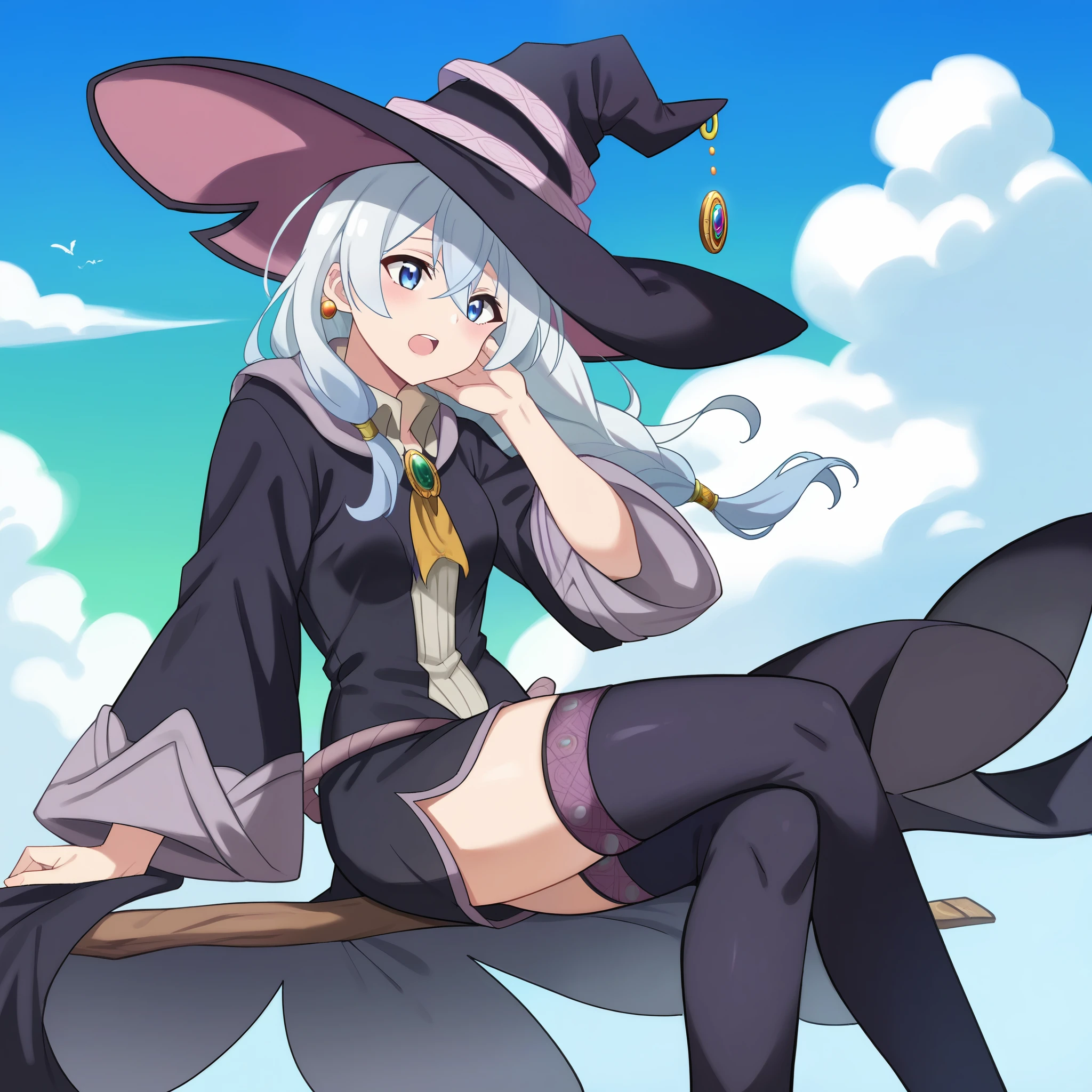 masterpiece,1girl,solo,elaina,(blue_style_costume, majo_costume, witch_hat, brooch:1.6),small_breasts,falling_feathers,aurora,open_mouth,blush,hand_on_own_face,sitting,white_dress,blue_ribbon,white_legwear,blue_sky,cloud,    