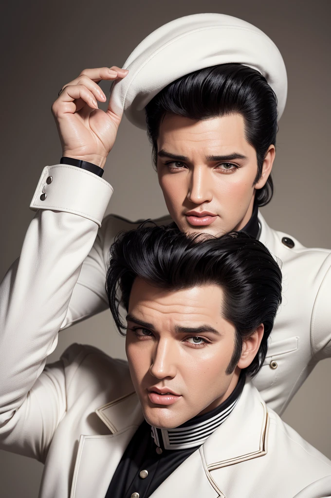 create a frontal caricature of the iconic singer Elvis Presley. The caricature should highlight your most recognizable features: your stylish hair, your striking face, your turtleneck and your classic white outfit. We want the caricature to capture the essence and charisma of Elvis, with a touch of humor and exaggeration typical of caricatures.
Key elements:
Perspective: From the front
Hair: Stylish and voluminous, with emphasis on the famous pompadour
Face: Striking and expressive features, highlighting the characteristic smile
Collar: High, eye-catching collar, part of Elvis' iconic costume
Clothing: Classic white clothing, with details that recall Elvis's unmistakable style
Inspiration:
Iconic photos of Elvis Presley
Caricatures that capture the essence and charisma of famous figures
Fun and humorous exaggeration of Elvis's most recognized characteristics