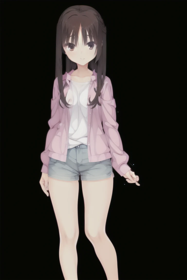 1girl,独奏,smiling, woman, brown hair, medium hair, White shirt, white T-shirt, patterned shirt, gray shorts, sporty shorts, small breast, full body, Character portrait, whole body, expensive_solve, clear_image, expensive_Contrast, 8K, Sparkling, beautiful_detailed_face_and_eye, (Brown Hair:1.25), 白 eye,Black background,full body, Character portrait, whole body, expensive_solve, clear_image, expensive_Contrast, 8K, Sparkling, beautiful_detailed_face_and_eye, (Black Hair:1.25), 白 eye,Black background