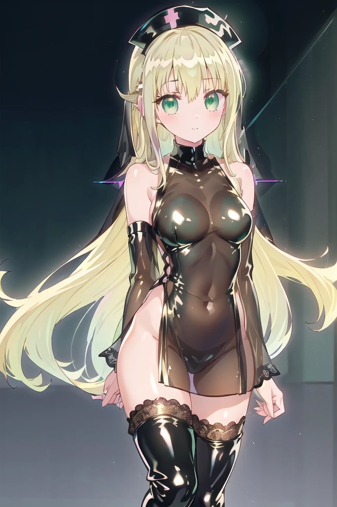 1girl,solo,cowboy shot,standing,(blonde hair:1.8),(long hair:1.4),one side long hair,bangs,hair_between_eyes,(green eyes:1.4),(beautiful fingers:1.4),(perfect anatomy:1.4),(arms_behind_back:1.6),(cold_shoulder:1.2),BREAK,(black nurse uniform:1.6),(leather lace glossy silk lamé: 1.4),(latex luster shiny glossy metallic:1.4),(shiny_clothes:1.4),medium breasts,beautiful breasts,(masterpiece),best quality,(Ultra high definition eyes:1.2),8k,(Beautiful detailed eyes:1.2),(Fine and beautiful eyes:1.2),(pretty eyes:1.2),finely detail,extremely CG, absurdres,high resolution,illustration,Detailed and beautiful outlines,finely detail,high resolution,(colorful refraction:1.4,Increase saturation:1.2),beautiful lighting,dynamic lighting,closed room,black background,simple background, smile,looking at viewer,Cecilia,jewelry,(black veil:1.4),(black Clear PVC sheets sleeves:1.6),(sheer sleeves:1.6),(see-through sleeves:1.6),(wide sleeves:1.4),(black thigh boots:1.4)