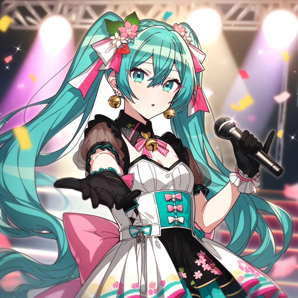 1girl, erere, official art, absurdres, project sekai, vocaloid, hatsune miku, more more jump! miku, 1girl, aqua eyes, aqua hair, back bow, bell, black gloves, blurry, blurry background, bow, breasts, cherry blossoms, cleavage cutout, clothing cutout, clover, colorful, confetti, detached collar, diffraction spikes, dot nose, dutch angle, earrings, floating hair, floral print, flower, folding fan, frilled cuffs, frills, glint, glitter, gloves, hair between eyes, hand fan, hand up, holding, holding microphone, idol, inori no saki negau ashita wa \(project sekai\), jewelry, jingle bell, kanji, layered sleeves, leaf, leaf print, light particles, long hair, looking at viewer, microphone, more more jump! \(project sekai\), neck ribbon, outstretched arm, palm leaf, parted lips, pink flower, pink ribbon, plant, puffy short sleeves, puffy sleeves, ribbon, rope, see-through, see-through sleeves, short sleeves, sliding doors, small breasts, solo, sparkle earrings, sparkle hair ornament, sparkle print, stage, stage lights, stairs, striped, tree, twintails, underbust, upper body, vertical stripes, very long hair, white bow, white flower, wing collar, wrist, ((very aesthetic, best quality, ultra detailed))
