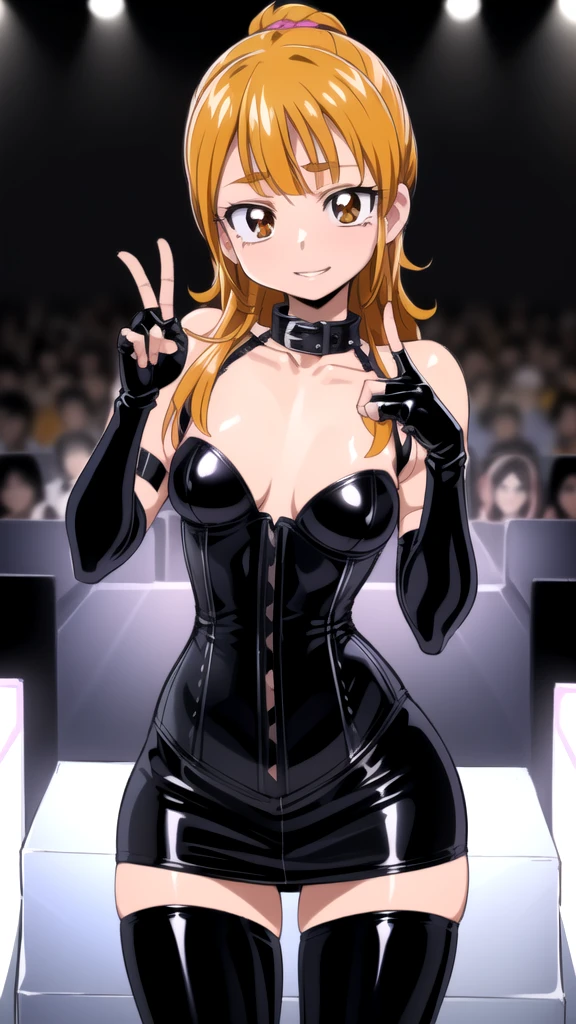 , BD、Queen、government、one girl、alone、(((Long gloves made of black latex that cover all the way to the fingertips.:1.4 )))、(((black latex corset dress:1.4)))(((Black Latex Tight Mini Skirt:1.4)))、(((black thigh boots)))、stiletto heels、(((Black latex bra)))、(((black leather collar)))、(((sexy pose)))、Wide-open legs、(((erotic)))、(((cowboy shot)))、run,orange hair、,double good、bread on both sides、blunt bangs, brown eyes with highlights,shoulder exposure,Anatomically perfect body、anatomically perfect limbs、Four perfect fingers and one thumb、one girl, alone, upper body, (looking at the audience:1.5), in the middle, evil smile, ((pussy)), Pussy exposure, show me your pussy,