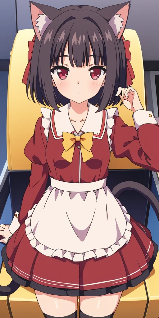 1 girl, Alone, Brown hair, animal ears, cola, cat ears, cat cola, bow, old, two sides up, long sleeves, maid headvestido, Bell, jingle Bell, food, short hair, short dress mini skirt, small old, puffy sleeves, bowtie, cat girl, steering wheels, juliet sleeves, animal ear fluff, hits, apron, hair bow, clothing trimming, strawberry, blush, clavicle