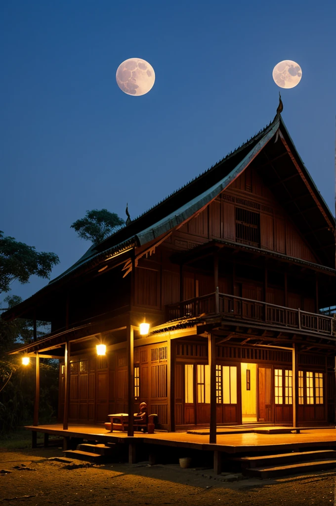 Burmese traditional poor house under the moon realistic