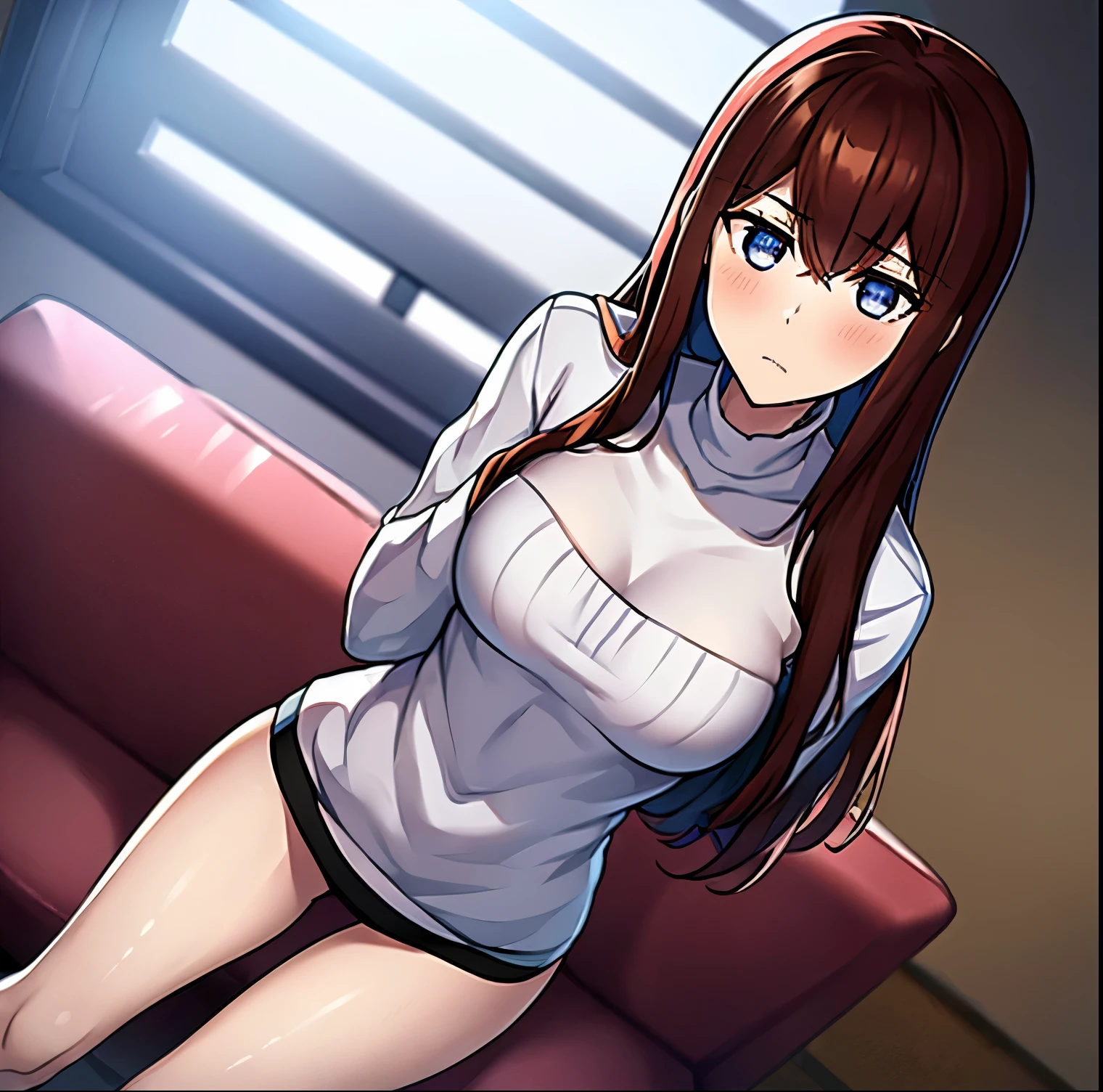((1 girl)),((alone)), makise kurisu,((Extremely detailed CG unity 4k wallpaper)),(Masterpiece),(ultra quality),(Ultra detailed),(high illustration),( best shadow),(extremely detailed),(best resolution),(absurdity),(detailed background),(dynamic pose),(cowboy shot),medium breasts, narrow waist, wide hips, medium thighs, round butt, hair reddish brown, long, violet blue eyes, serious face, stoic expression, blushing, small smile, , Beautiful detailed eyes, looking at viewer, suductive gaze, black sweater dress, ribbed sweater, bare shoulders, bare legs, nail polish,((solo)), closed mouth, Backlit,((standing:1.4,indoor, sofa , apartment,room,living room, window,urban background,night,city lights,thinking about the future)), looking forward,((focus on breasts)), pov: (from above), perfect anatomy, hands perfect