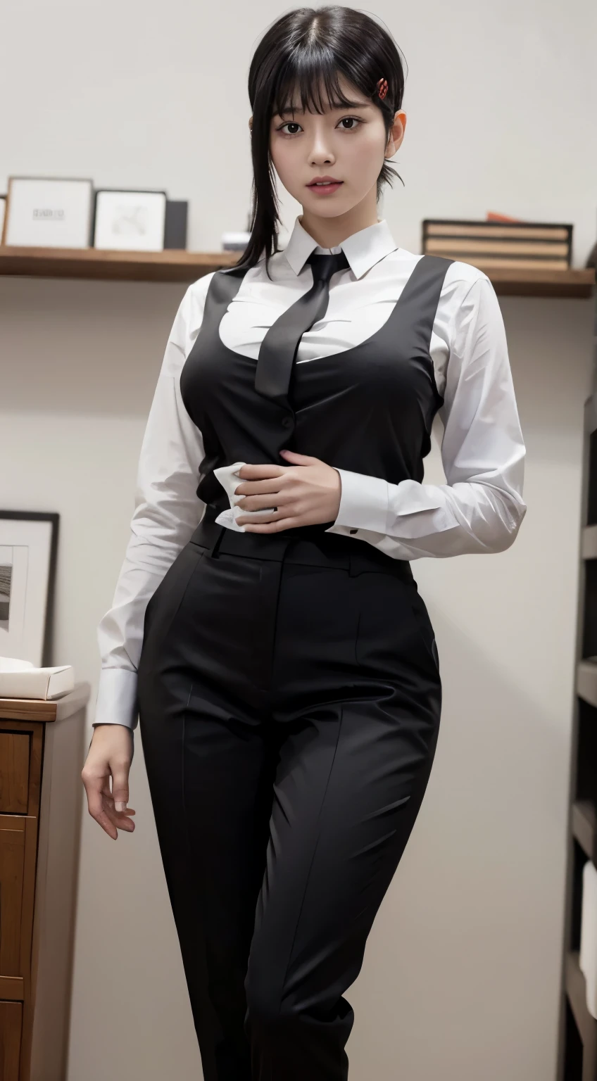 Highest quality、Ultra-high resolution、Professional Lighting、Detailed Background、workroom、whole body,Kobeni-chan、A sloppy smile、25-year-old woman、beautiful girl、(Kobeni-chan、Jet Black Hair, Black Hair, bangs, One-sided hair,)、(Red Hair Clip:1.1)、(White shirt:1.2)+(Black tie:1.2)+(Black work trousers:1.2)、(Breasts so big that they almost burst:1.2)、(Thick thighs:1.1)、Are standing、Model pose