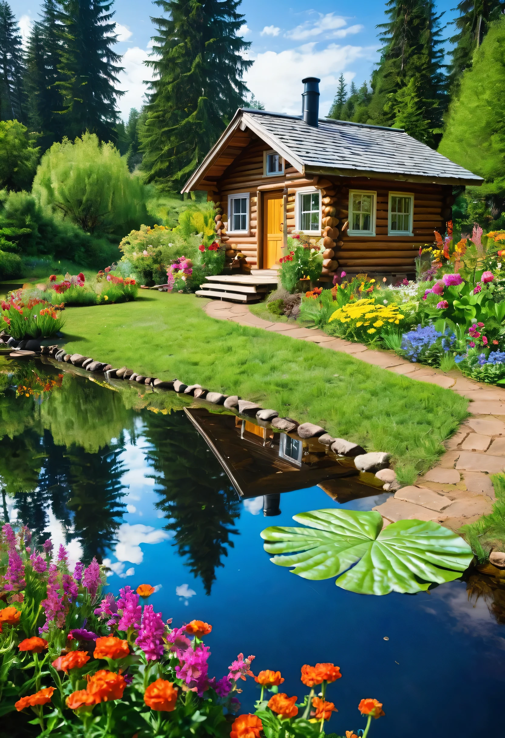 A charming, rustic cabin The path leading to the home, lined with meticulously tended garden beds and vibrant foliage, conveys a sense of tranquility and seclusion, immersing the viewer in the serene, natural setting. colorful flowers scenery, outdoors, nature cabin house coffee cup on the table,  water, sky, forest, reflection, day, blue_sky, grass, reflective_water,