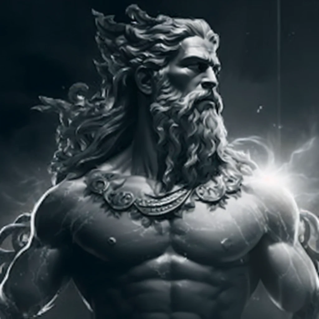 a black and white photo of a man with a beard and beard, furious god zeus, the god zeus, the god poseidon, God Shiva, the Destroyer, greek god, O Deus hades, epic scene of zeus, Poseidon, arte conceitual de deus, portrait zeus, statue of zeus, hades, Zeus, ancient god, ancient blacksmith god