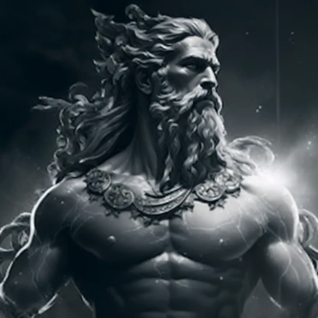 a black and white photo of a man with a beard and beard, furious god zeus, the god zeus, the god poseidon, God Shiva, the Destroyer, greek god, O Deus hades, epic scene of zeus, Poseidon, arte conceitual de deus, portrait zeus, statue of zeus, hades, Zeus, ancient god, ancient blacksmith god