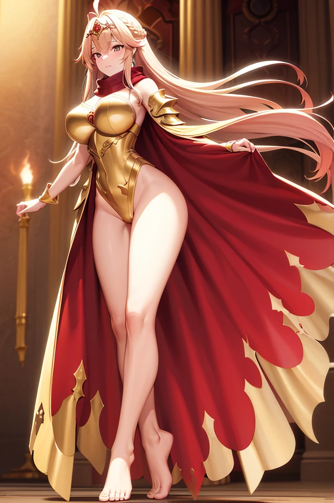 extremly detaled, dynamic back pose, bare feet, detaled feet, ,goddess, gold detaled armor with red finish, long white hair, red cape and scarf, gold hair clip, gold heavy body cover armor with red finish, show big ass and pussy, orginal hairstyle with braids
