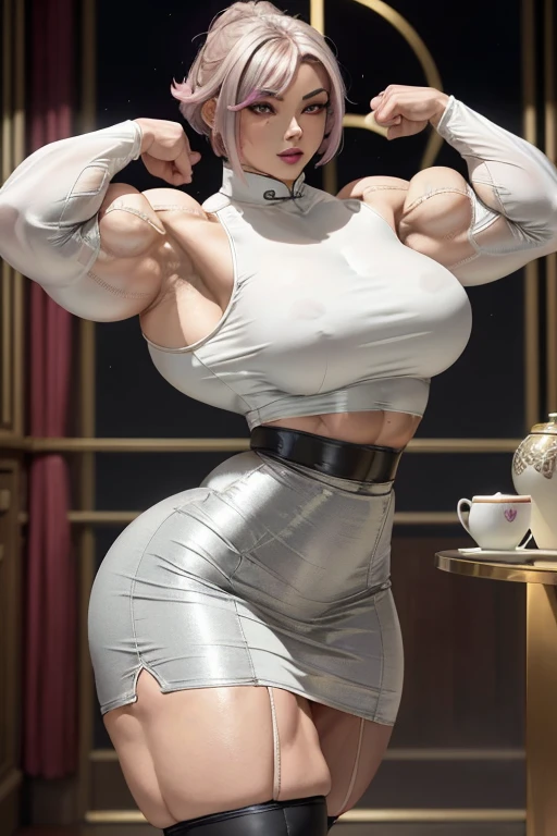 ((Massive, beautiful, buff, light brown skinned, muscular woman with shocking pink hair, black lipstick, ginormous bulky muscles and wearing a long sleeve silver qipao top with Qipao skirt)), (close view), massive muscles, massive biceps, hyper muscle triceps, (angled bob cut), red eyes, (silver gauntlets), (beautiful long sleeve silver qipao top), (beautiful silver Qipao skirt), high heels, (in a silver palace), night, closed smile, hyper muscles arms, hyper muscle legs, massive arms,