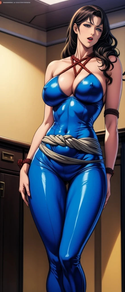 girl,alone,Gray background,Artistic lighting,Beautiful Asian Goddess,Long black hair,Long Hair,Wavy Hair,eyelash, blue eyes, lipstick, Purple bodysuit, Strapless, No sleeve, Green sash,(Shiny costumes),((Rope Bondage:1.2),Wearing a belt around his waist),((Put your arms behind your back)),((Wrists tied behind the back)),Sensual,(Hair blowing in the wind),Graceful features,No sleeve,Mature Woman, Mature Woman,Detailed fingers, Perfect hands, Length 180cm,Small face,sweating,Soft thighs,Sexy legs,Sexy ass, Cleavage,Open the chest,Smooth thighs and legs,((Amazing orgasm)),大きなSexy ass, Perfect Body Proportions, Slim waist,Nipples visible,Tight waist,(Long legs:1.4),F cup bust,Huge :1.3,perspective:1.2,Looking at the audience,Character-centric,symmetry diagram,whole body:1.5,From below:1.3,Abdominal shot