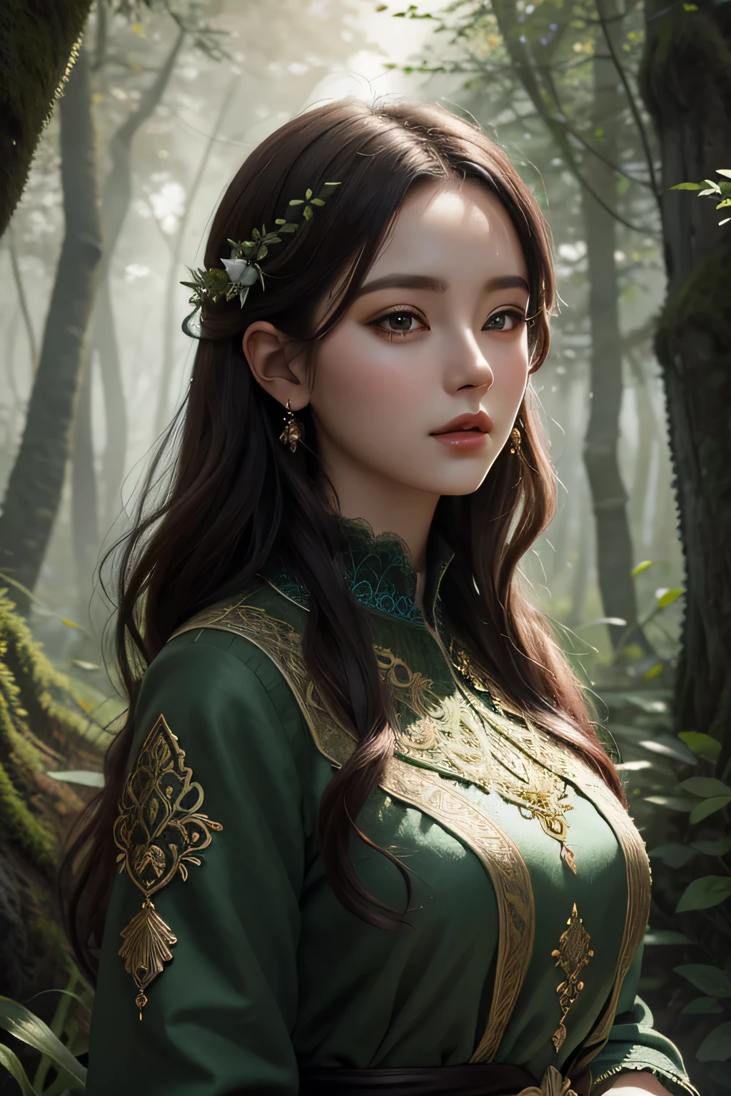 A woman in a green dress standing in a forest - SeaArt AI