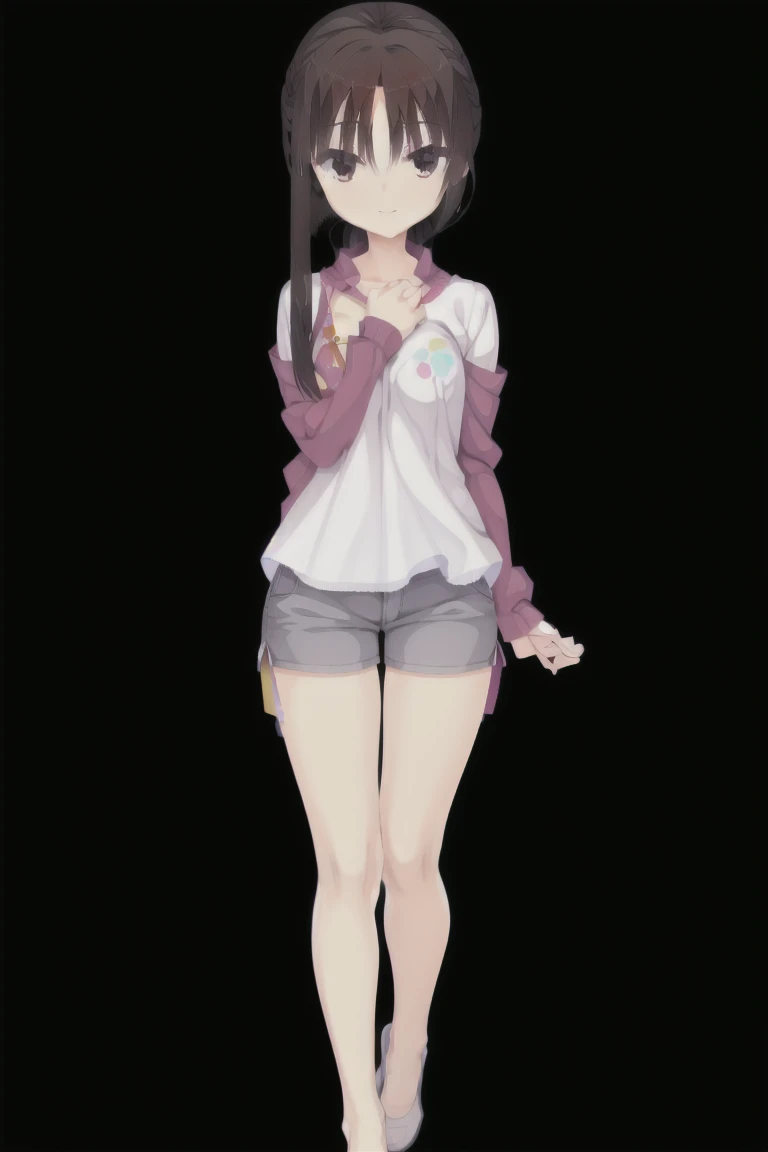 1girl,独奏,smiling, woman, brown hair, medium hair, White shirt, white T-shirt, patterned shirt, gray shorts, sporty shorts, small breast, full body, Character portrait, whole body, expensive_solve, clear_image, expensive_Contrast, 8K, Sparkling, beautiful_detailed_face_and_eye, (Brown Hair:1.25), 白 eye,Black background,full body, Character portrait, whole body, expensive_solve, clear_image, expensive_Contrast, 8K, Sparkling, beautiful_detailed_face_and_eye, (Black Hair:1.25), 白 eye,Black background