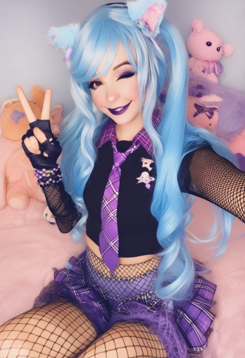 zPDXL, belle_delphine, 1girl, skirt, fishnets, solo, fishnet pantyhose, pantyhose, long hair, blue hair, twintails, purple skirt, looking at viewer, cosplay, gloves, necktie, plaid, shirt, animal ears, stuffed toy, v, one eye closed, fingerless gloves, black shirt, lipstick, makeup, plaid skirt, smile, good_hands, better_hands