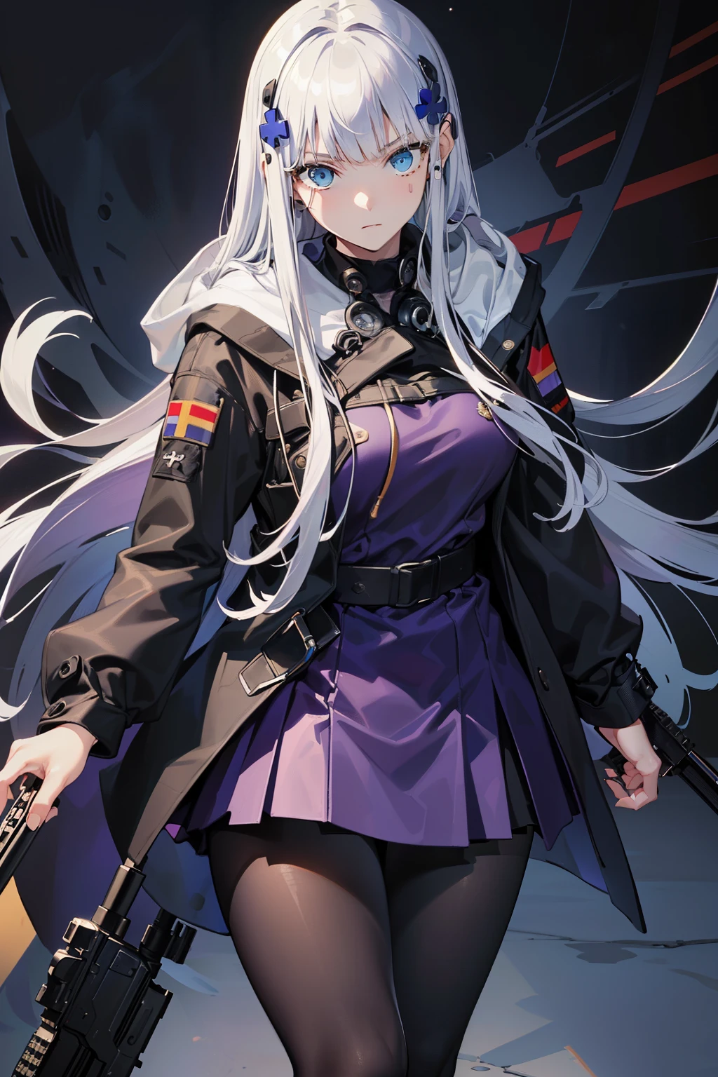 (best quality:1.3), (masterpiece:1.3), (illustration:1.3), (ultra-detailed:1.3), (mid shot:0.9), 1girl, Long hair, white hair, (((blue eyes, purple hoodie, military, earpiece, black coat, black skirt, pantyhose, HK416Normal,))) medium breasts, standing, serious expression, looking at viewer, 