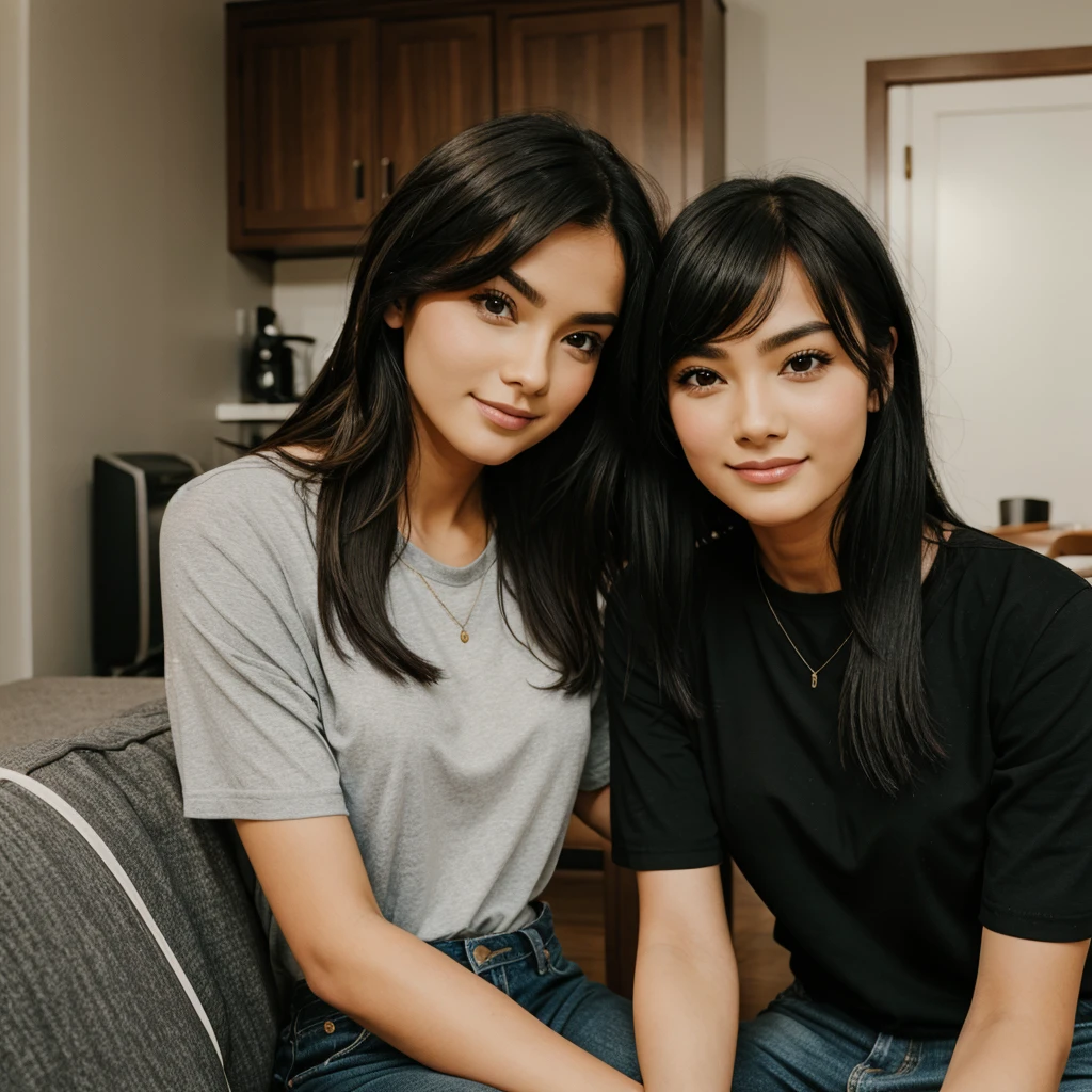 (high resolution:1.2, vivid colors, realistic:1.37,photorealistic) A 35-year-old Indonesian man wearing a black sweater with the letters "REYNAND" on it, is sitting on a luxurious sofa, accompanied by two 18-year-old girls wearing school uniforms, hugging affectionately.