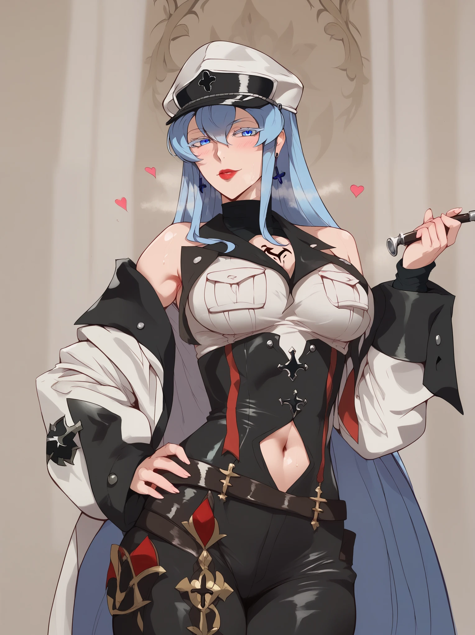 score_9, score_8_up, score_7_up, score_6_up, uncensored, esdeath, light-blue hair, long hair, multicolored eyelashes, hat, military hat, blue eyes, tattoo, naughty face, shiny skin, sweating, steaming body, heavy breathing, detailed body, detailed eyes, BREAK (masterpiece:1.2), best quality, high resolution, unity 8k wallpaper, (illustration:0.8), (beautiful detailed eyes:1.3), extremely detailed face, perfect lighting, extremely detailed CG, (perfect hands, perfect anatomy), hearts, pleasured, Expressiveh, 1girl, rating:safe, solo, jewelry, earrings, covered navel, red lips, breasts, looking_at_viewer, navel_cutout, holding pipe, hand on hip, 