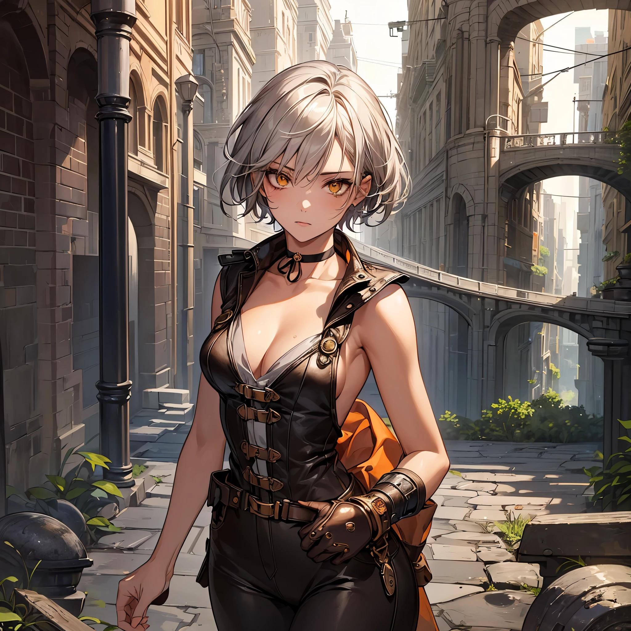 masterpiece, Highest quality, Perfect Face, Highest Resolution, Highest quality,Detailed depiction of the eyes, 1 girl, young, slender body, Short, deep tan skin, slate gray hair, short hair, upturned eyes, Yellow Orange eyes, Perfect Anatomy, steampunk, ribbon choker, coveralls, undercity Brick Sewer pipes,