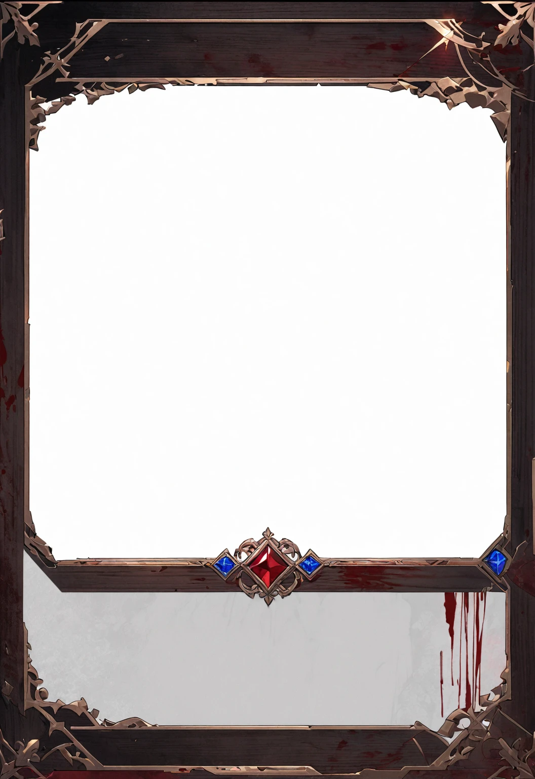 A card border UI,Modern urban minimalist style,Noble and elegant dark suspense style,Leave a square blank space in the middle,There is a ruby under the bezel,There are sapphires on the left and right corners.。Redwood frame,Parchment backing,There are blood stains on it。